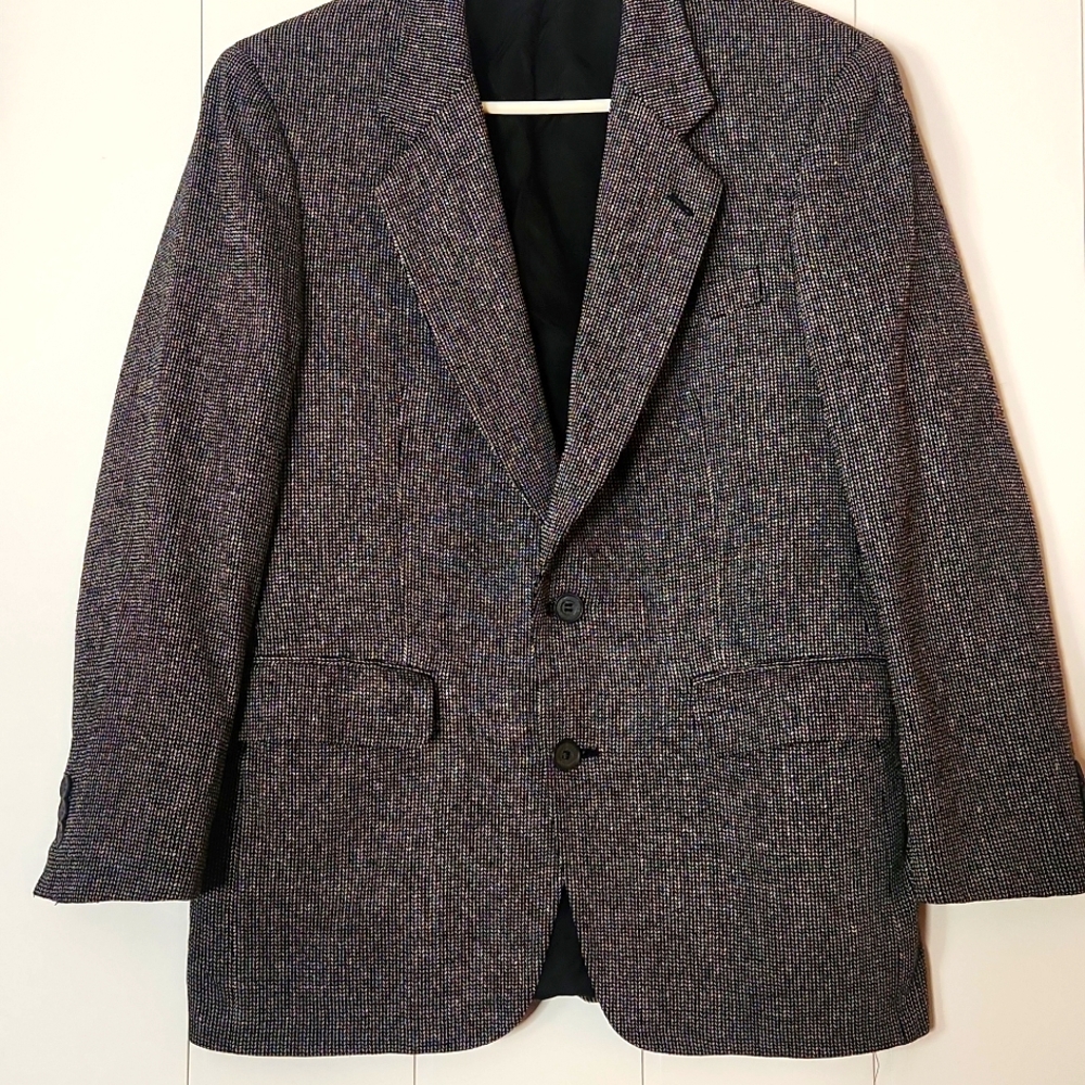 Simon's VTG. men's pure silk Black herringbone plaid sports coat 38S